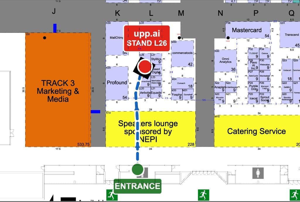 Shoptalk Europe floor plan showing the route from the main entrance to Upp.ai at stand L26