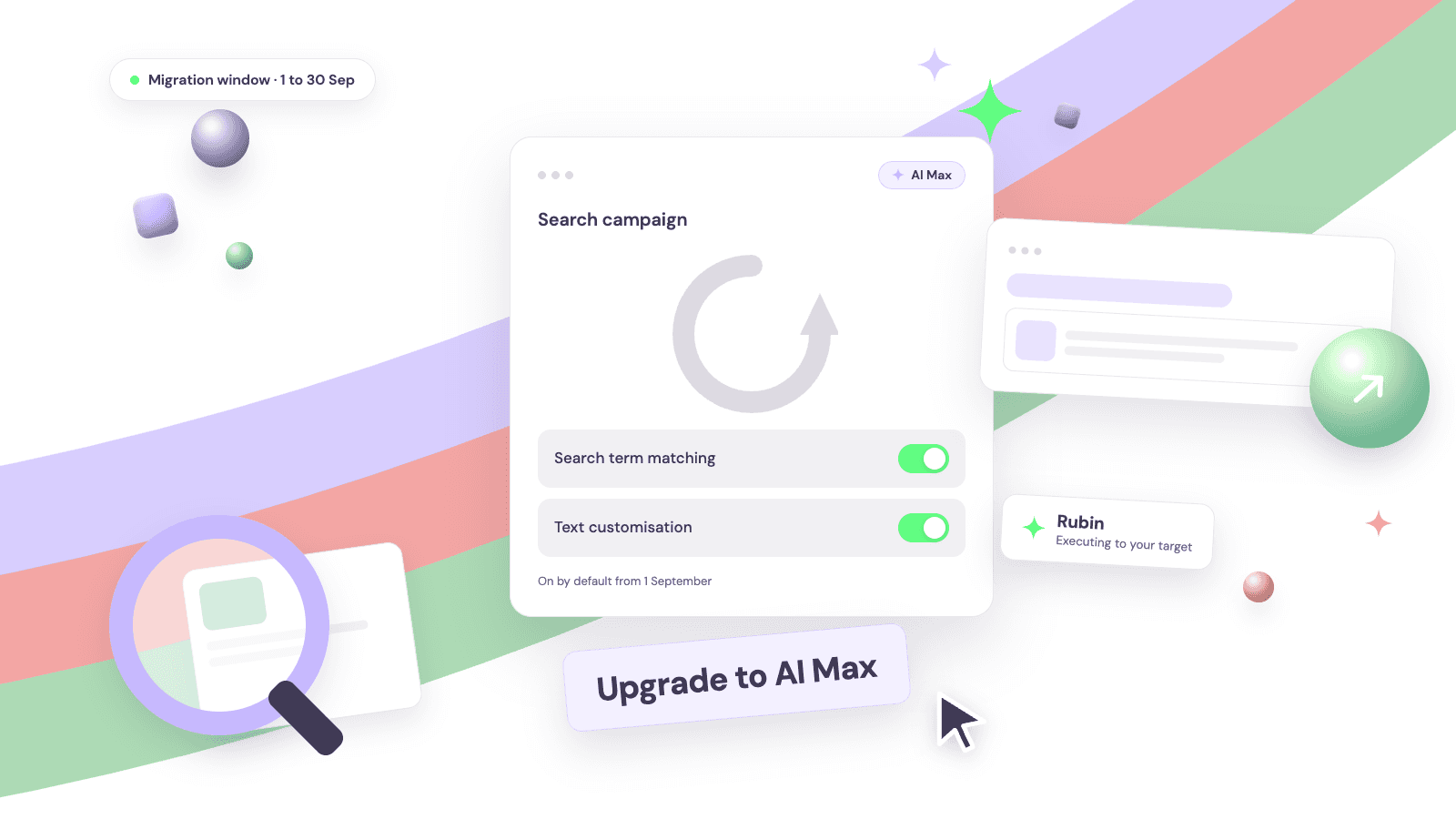 Illustration of a Search campaign card upgrading to AI Max, with search term matching and text customisation switched on and Rubin executing to the target